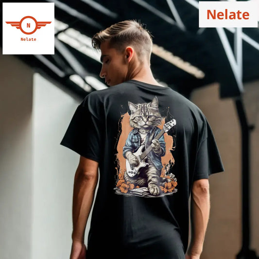 Cat With Guitar Black Oversized T-Shirt