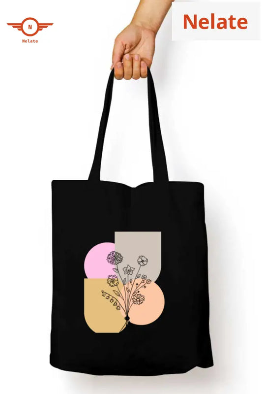 ’Floral Theme’ Tote Bag Zipper Black / Standard