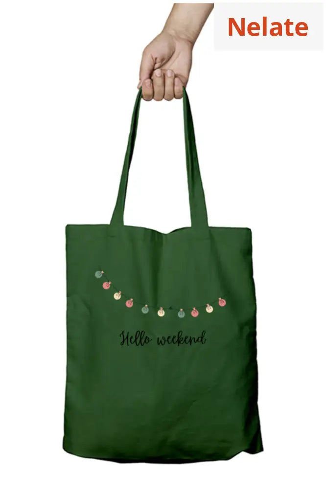 ’Hello Weekend’ Tote Bag Zipper Bottle Green / Standard