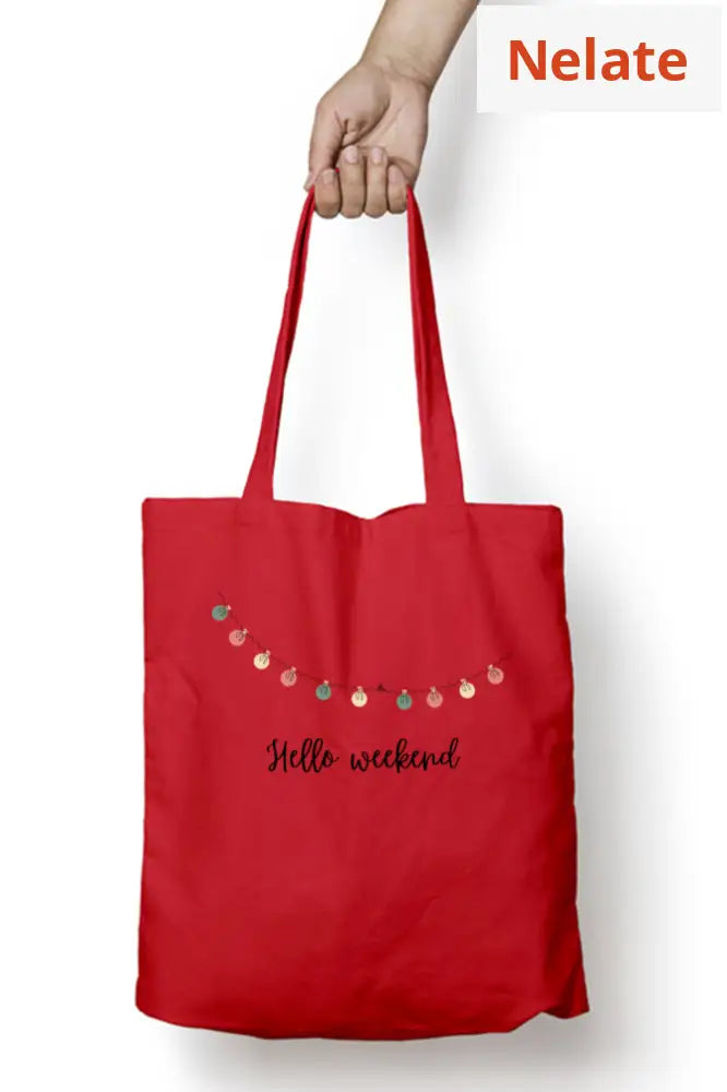’Hello Weekend’ Tote Bag Zipper Red / Standard