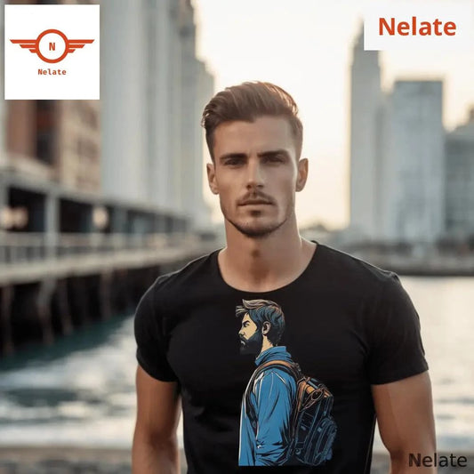 Traveler man theme black t-shirt -  by Nelate - Men's T-shirt, Men’s T-shirt