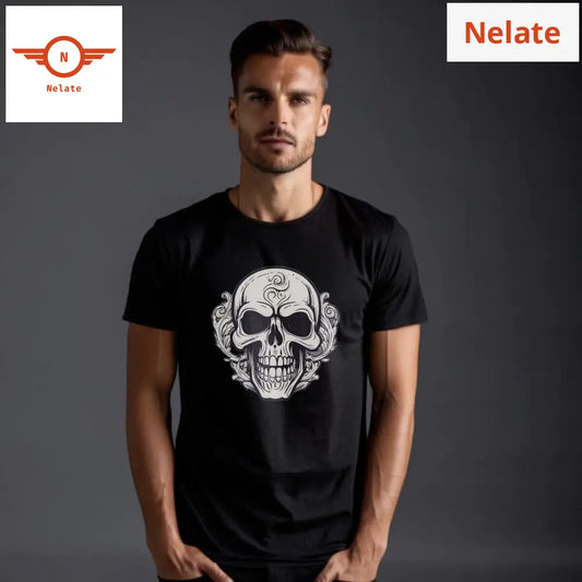White Skull Design - Black T-Shirt
